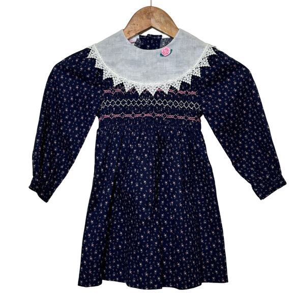 Vintage Polly Flinders Made in USA  Size 4 Smocked Blue Floral Collared Dress - Picture 1 of 8